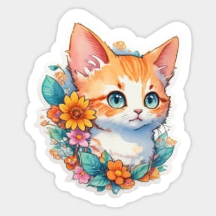 Cute Ginger Cat in watercolour with floral design Sticker